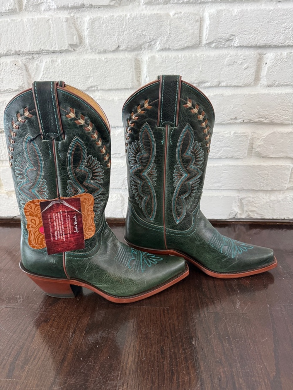 Justin Boots Dark Green Western Boots with Turquoise and Brown  Stitching 6.5 - Picture 2 of 13